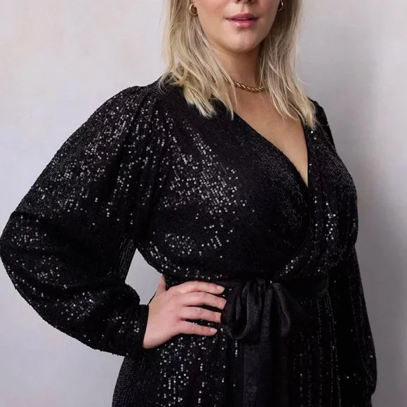 LC Lauren Conrad NWT Black Sequin Wrap Mini Cocktail Dress Size 4X - Picture 2 of 6
